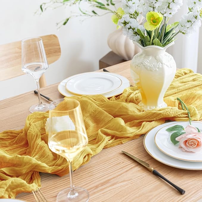 Asee'm 12pcs Cheesecloth Table Runner 120 Inches Long Gold Boho Gauze Cheese Cloth Runner 10FT Rustic Sheer Table Runners for Christmas Wedding Party Baby Shower Spring Easter Decoration