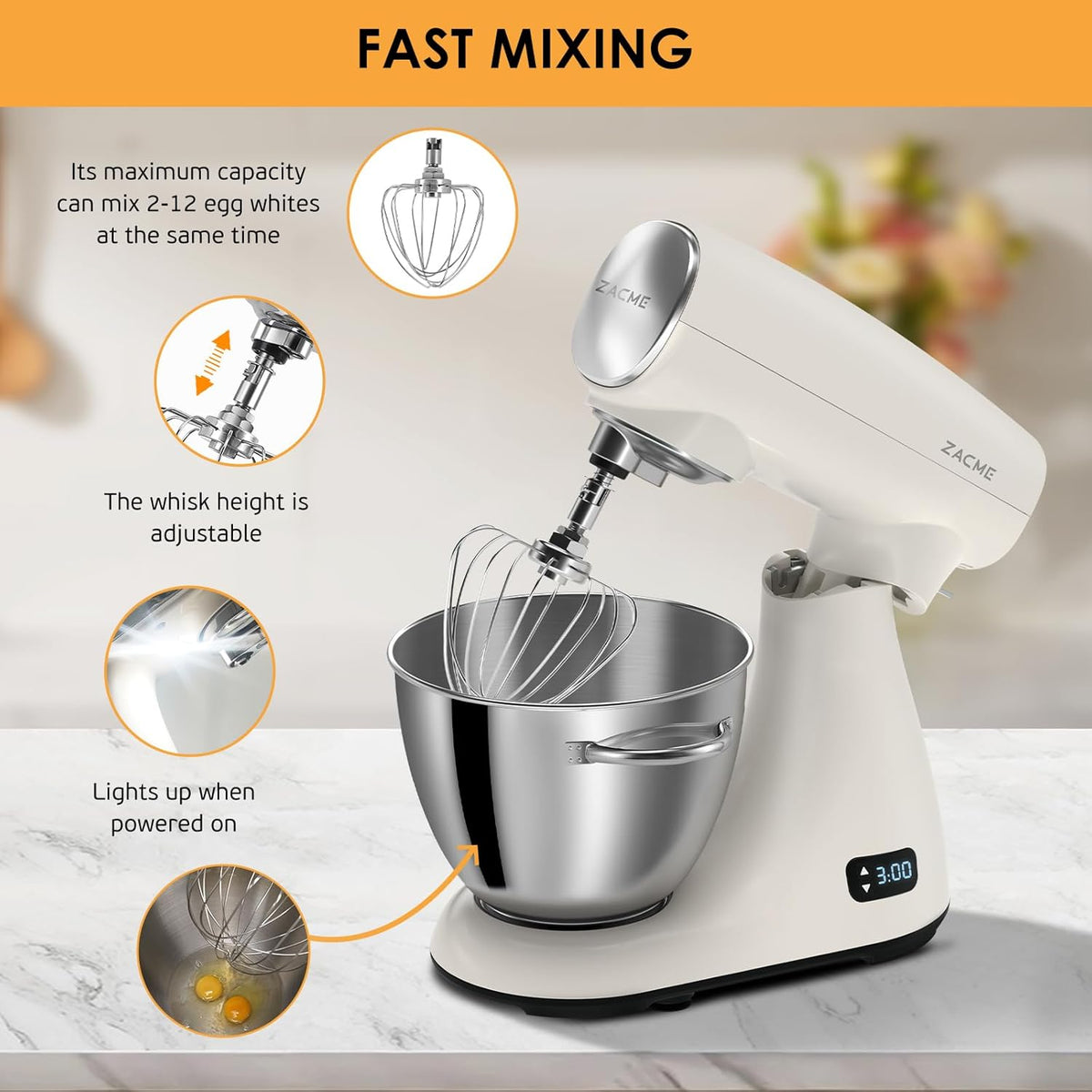 ZACME Mixers Kitchen Electric Stand Mixer 5.5QT 600W, Aluminum die casting and Gears, Dual Cooling System, Low Noise, DC Motor, LED Display and Timing Function, Tilt-head Metal Food Mixer, White