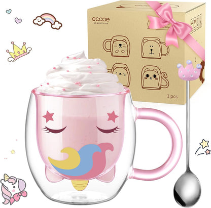ecooe Cute Unicorn Mug Double Walled Glass Mug 9.4oz Coffee Cup Cappuccino Latte Glass Milk Tea Cup with Handle Spoon