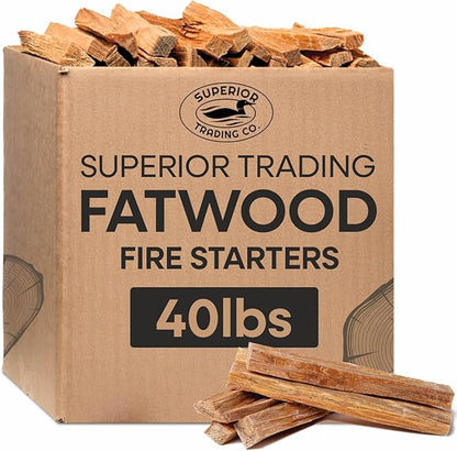 Superior Trading Premium Fatwood Firewood Sticks, Natural Kindling for Fireplaces, Wood Stoves, and Winter Camping Fire Starter, 40 lbs