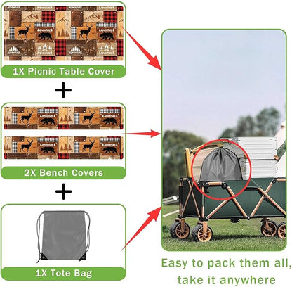 JAWO Rustic Cabin Style Picnic Table Cover with Bench Covers, Elastic Fitted Tablecloth, Lumberjack Buffalo Plaid & Bear Deer Adventure Pattern for Camping, Hunting Trips, 96x30 Inch