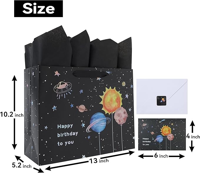 Qirrmiy 13” Large Space Birthday Gift Bag Set with Handles, Greeting Card, Black Tissue Papers and Stickers for Boys Teens for Baby Child, Kids‘ Birthday Party, Newborn, 1 Pcs