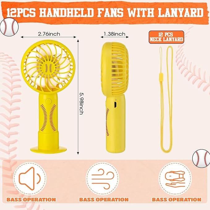 Nuanchu 12 Pcs Mini Portable Softball Fan 3 Speed Personal Handheld Small Powerful Rechargeable Fan with Base USB for Softball Team Gift Game Outdoor Sport Party Favors (Yellow)