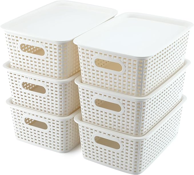 AREYZIN Plastic Storage Baskets With Lid Organizing Container Lidded Knit Storage Organizer Bins for Shelves Drawers Desktop Closet Playroom Classroom Office, White, 6 Pack