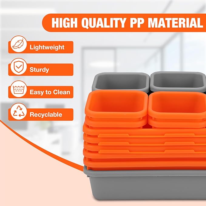 ValueMax 21 PCS Desk Drawer Organizer Set, PP Material Interlocking Drawer Organizer Bins for Office, Vanity, Garage and Bathroom, Non-Silp and Two-Tone Stackable Design, Orange & Gray