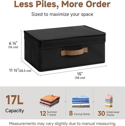 StorageWorks Fabric Storage Bins with Lid, Decorative Storage Boxes for Shelves, Stackable Closet Organizer and Storage Basket with Handle, Black, 2-Pack