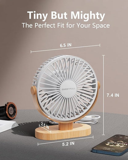 SWEETFULL Small USB Desk Fan 6.5 Inch, 3 Speeds Portable Personal Desktop Table Fan, Dual 360° Adjustment Mini Fan, Quiet Operation, for Home Office Car Outdoor Travel (White wood grain)
