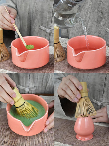 Artcome Premium Matcha Tool Set – Includes Matcha Bowl with Pouring Spout, Whisk, Whisk Holder, Tea Scoop & Matcha Manual - Pink