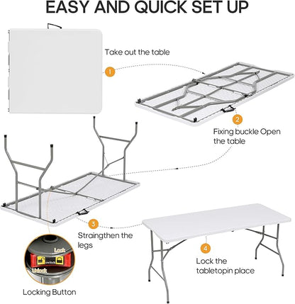 6ft Folding Table Heavy Duty 350 LBS Capacity Foldable Table with 18% Thicker HDPE Waterproof Top & Reinforced Steel Frame, Portable Fold-in-Half Table for Outdoor Indoor Party Wedding Camping