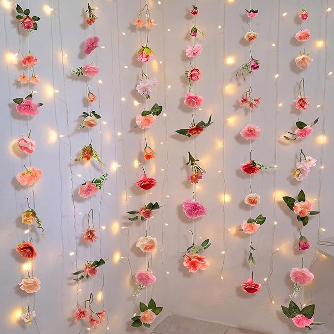 Suncalla 6 Pcs 35.46 ft Flower Garlands Backdrop Spring Artificial Wildflower Vines Floral Decorations for Party Fake Flower Vines Faux Silk Wildflower for Easter Wedding Garden Wall Arch(Soft Pink)