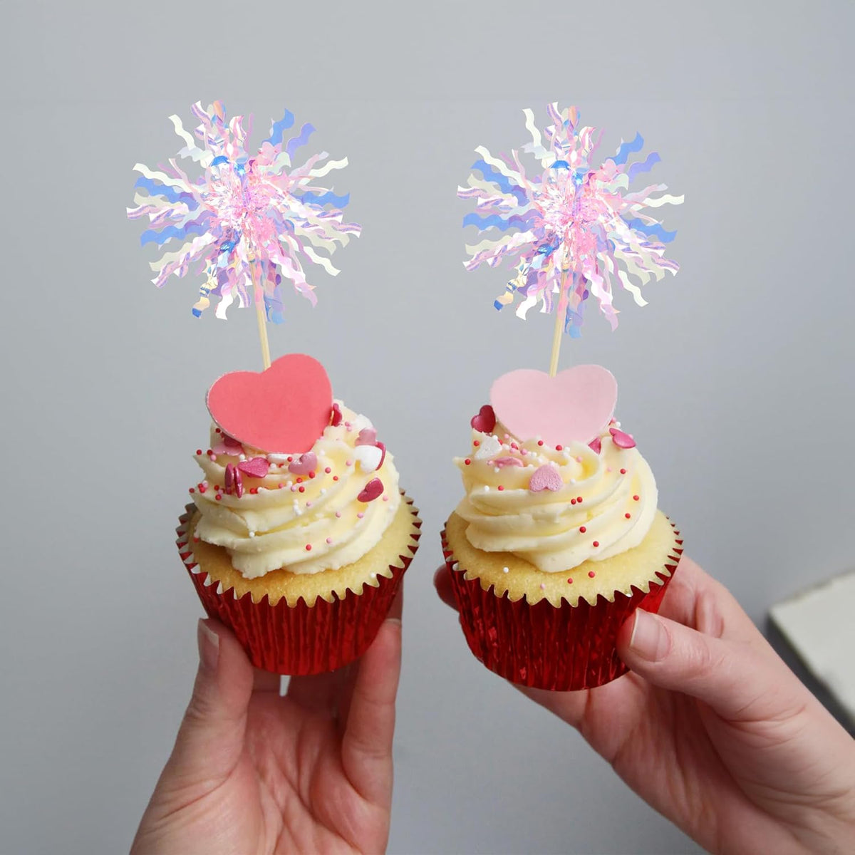 Gyufise 30Pcs Foil Firework Cupcake Toppers Sparkle Tinsel Cake Toppers Tinsel Drink Cake Decoration Cocktail Picks for Birthday Wedding Graduation Party Supplies Pink