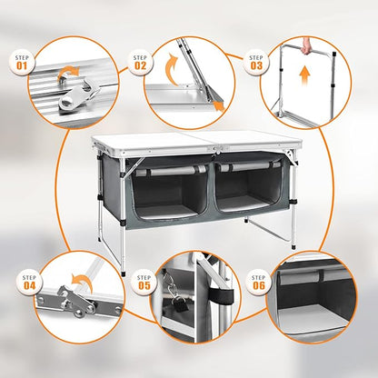 CampLand Outdoor Folding Table Aluminum Lightweight Height Adjustable with Storage Organizer for BBQ, Party, Camping