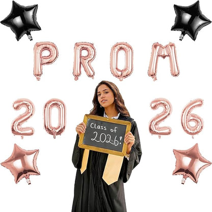 Prom 2026 Balloons Decorations, 16 Inch Foil Letter Number Balloons with 18 Inch Black Rose Gold Star Balloons for High School College Graduation Gift Retirement Ins Photo Party Supplies