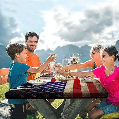 Picnic Table Cover with Bench Covers Elastic Edges, American Flag Fitted Table Cover, Outdoor Patio Camping Essentials 72 Inch 3PCS, Waterproof Camping Fitted Tablecloth with Drawstring Bag