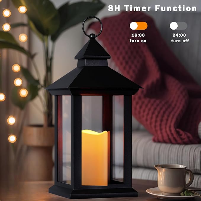 Lanterns Decorative Indoor, 1 Pack Black Decorative Flameless Candle Lanterns with Timer, Vintage 14" Waterproof Hanging Outdoor Lanterns, Battery Operated for Porch, Patio, Wedding Decor