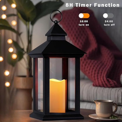 Lanterns Decorative Indoor, 1 Pack Black Decorative Flameless Candle Lanterns with Timer, Vintage 14" Waterproof Hanging Outdoor Lanterns, Battery Operated for Porch, Patio, Wedding Decor