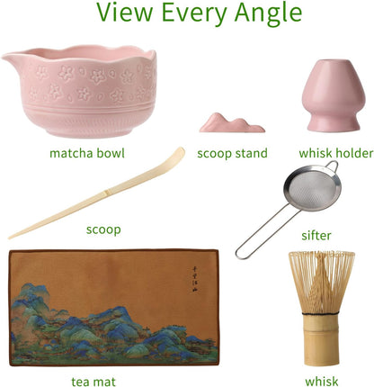 Matcha Whisk Set, Japanese Ceramic Matcha Bowl with Spout, Bamboo Whisk, Sifter, Scoop, Holder, Tea Cloth, 7-Piece Ceremonial Matcha Kit
