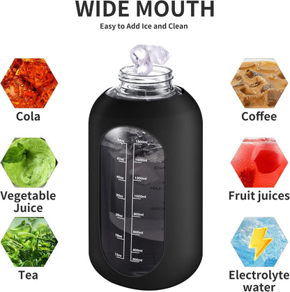 CIVAGO 40 oz Glass Water Bottle with Straw and Handle, Large Sports Motivational Water Bottle Flask with Time Marker and 2 Lids, Leakproof Water Jug Canteen with Silicone Sleeve for Gym,Sage