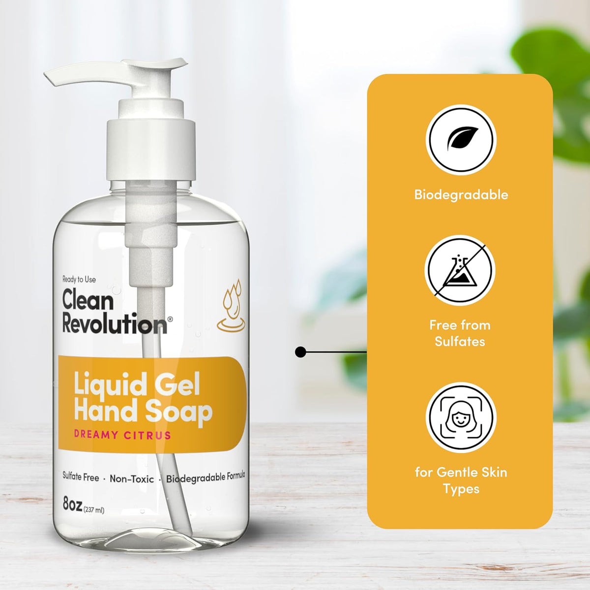 Clean Revolution Liquid Gel Hand Soap, Silky Rich Liquid, Quick Lather, Fast Rinsing, Contains Real Essential Oils (Dreamy Citrus) 8 Fl Oz