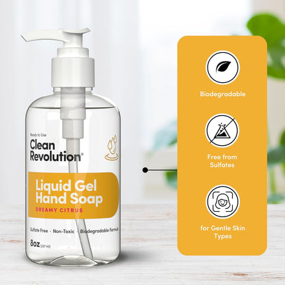 Clean Revolution Liquid Gel Hand Soap, Silky Rich Liquid, Quick Lather, Fast Rinsing, Contains Real Essential Oils (Dreamy Citrus) 8 Fl Oz