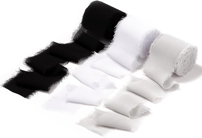 DORIS HOME 2" x21Yd Chiffon Ribbon for Flower Bouquet, Black & White Fabric Ribbon for Gift Wrapping, Handmade Frayed Ribbon for Wedding Christmas Decorations