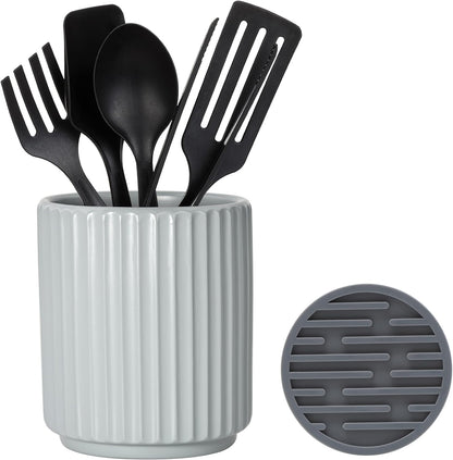 Small Utensil Holder for Kitchen Counter (H5.51” x W4.92”) Ceramic Countertop Utensil Holder for Kitchen Utensils Crock for Countertop Includes Silicone Drying Mat Light Cadetblue