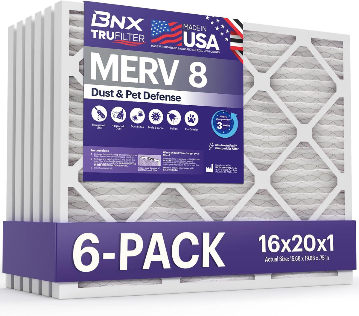 BNX TruFilter 16x20x1 Air Filter MERV 8 (6-Pack) - MADE IN USA – Dust & Pet Defense Electrostatic Pleated Air Conditioner HVAC AC Furnace Filters for Dust, Pet, Mold, Pollen MPR 600 – 700 & FPR 5