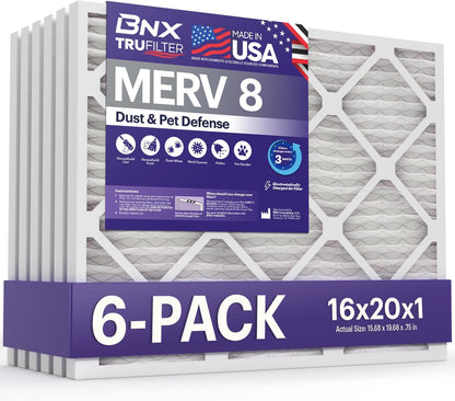 BNX TruFilter 16x20x1 Air Filter MERV 8 (6-Pack) - MADE IN USA – Dust & Pet Defense Electrostatic Pleated Air Conditioner HVAC AC Furnace Filters for Dust, Pet, Mold, Pollen MPR 600 – 700 & FPR 5