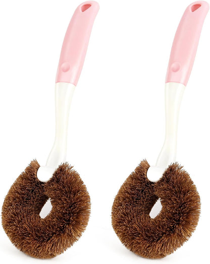 2 Pack Kitchen Scrub Brushes for Cleaning Dish Brush with Handle for Pans, Pots, Kitchen Sink Cleaning Scrub Brushes (Coconut Fiber)