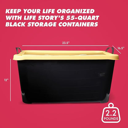 Life Story 12 Pack Heavy Duty Stackable Storage Bin, 55 Quart Home Organizer, Versatile Lightweight Locking Bins with Carrying Handles, Black/Yellow