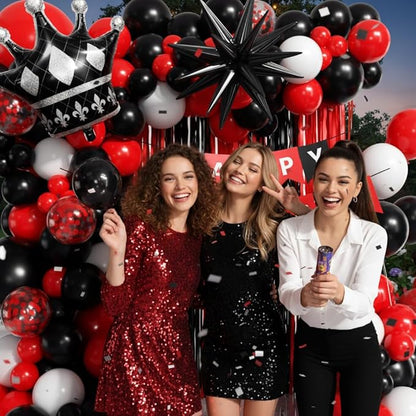 Red and Black Birthday Party Decorations 152Pcs, Red Black White Balloons Arch Kit with Banner Fringe Curtains for 16th 18th 21st 24th 32th 40th 50th 60th Birthday Decorations for Men
