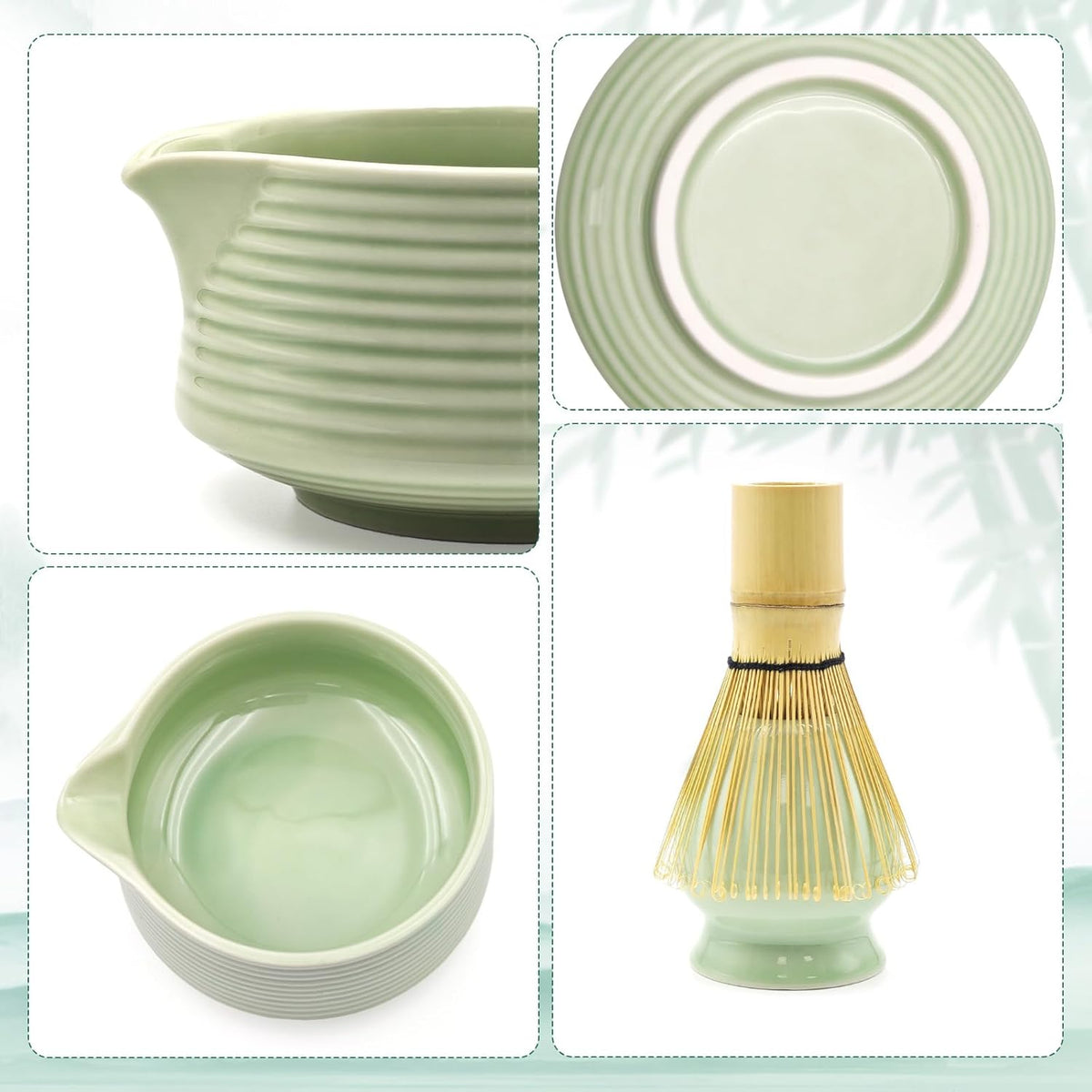 Matcha Whisk Set, Matcha Bowl with Spout, Tea Brush Stand, Stainless Steel Sifter, Matcha Whisk Holder - 8 Pcs Green Matcha Kit Set for Matcha Lover Ideal Holiday Gift, Tea Making Tools