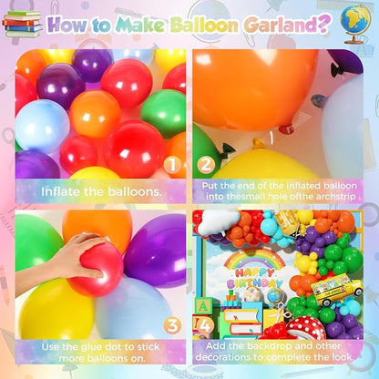 Rainbow Balloon Arch Garland Kit 173Pcs, Back to School Balloon with School Bus Pencil ABC Mushroom Cloud Foil Balloons for Watermelon Birthday Back to School Kindergarten Graduation Decor