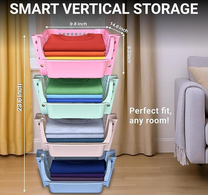 TidyFriend 4 Pack Stackable Storage Bins Open Front for Pantry Organizers and Storage, Plastic Storage Bins, Dorm Room Essentials, Pantry Storage for Food, Kitchen and Home Organization (Multi)