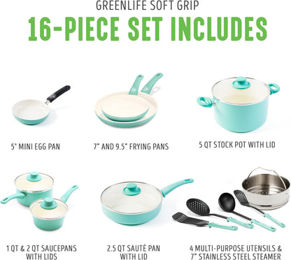 GreenLife Soft Grip 16 Piece Cookware Set, Non-Toxic PFAS-Free Ceramic Nonstick, Pots, Frying, Sauce, Saute, Glass Lids, Stay-Cool Handles, Wobble Free Bases, Dishwasher & Oven Safe, Turquoise