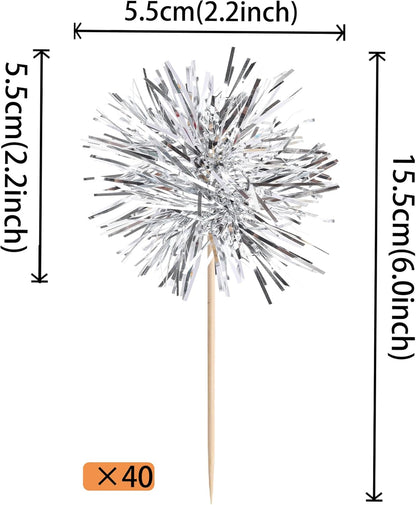 40 PCS Foil Firework Cupcake Toppers Fireworks Cupcake Picks Sparkle Tinsel Cake Decorations Cocktail Fruit Toothpick for Firework Theme Birthday Wedding Graduation Party Decorations Supplies Silver