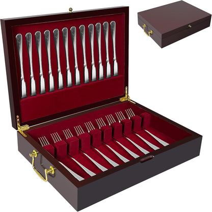 Silverware Storage Box Solid Wood with Lid, Silverware Organizer with Handle and Felt Lined, Silverware Storage Chest for Flatware and Utensils Home Decor Gift, Chest for Flatware Setting Up 15