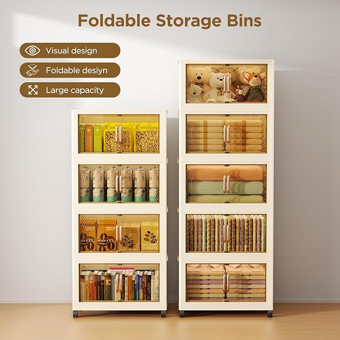 102QT Plastic 4 Tier Storage Bins with Lids,Folding Storage Box with Doors and Wheels Stackable Storage Bins,Closet Organizers and Storage for Living Room,Office,Dorm