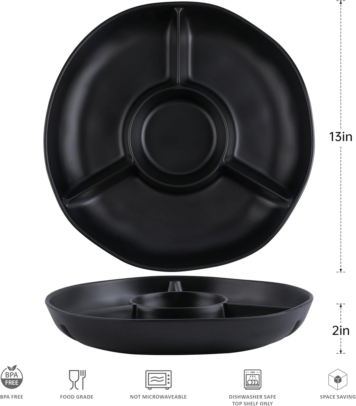 Chip & Dip Serving Tray Set, 4 Sectional Round Melamine Serving Platter, Relish Tray, Round Compartment Appetizer platter for Veggies