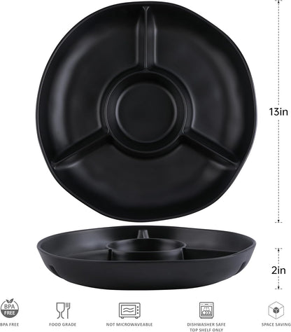 Chip & Dip Serving Tray Set, 4 Sectional Round Melamine Serving Platter, Relish Tray, Round Compartment Appetizer platter for Veggies