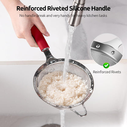 U-Taste Medium Fine Mesh Strainer: 18/8 Stainless Steel 4.73in 30 Mesh Kitchen Food Sieve with Sturdy Riveted Silicone Handle, Heavy Duty Deep Handheld Metal Colander for Rice, Quinoa, Flour (Red)