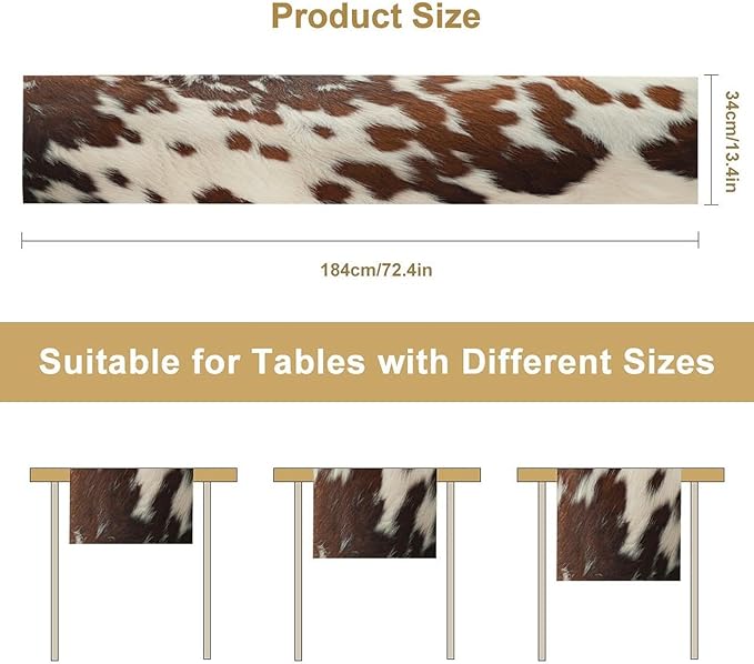 Cow Print Table Runner, Western White Brown Cowhide Rustic Coffee Table Runner for Home Kitchen Dining Room Farmhouse 13x120in