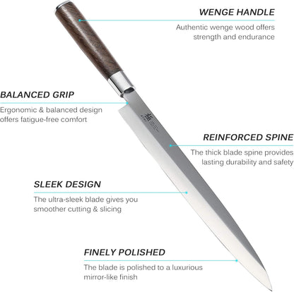 Kyoku Samurai Series - 10.5" Yanagiba Knife Japanese Sushi Sashimi Knives - Superior Japanese Steel - Wenge Wood Handle - with Case
