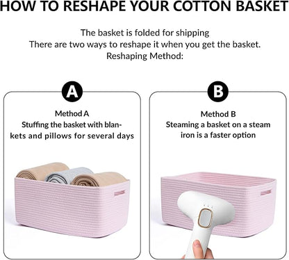 MiniArk Large Storage Baskets for Shelves, Closet Organizers Bins for Clothes Blanket Towels, Baby Nursery, Toy Baskets Box, Woven Rope Baskets, 17 x 13 x 7.5”, 2 Packs Light Pink