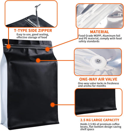 New 2.5 KG Large Capacity Coffee Bags with Valve (50 PCS) Black Sides White High Barrier Aluminum Foil Flat Bottom Standing Coffee Beans Storage
