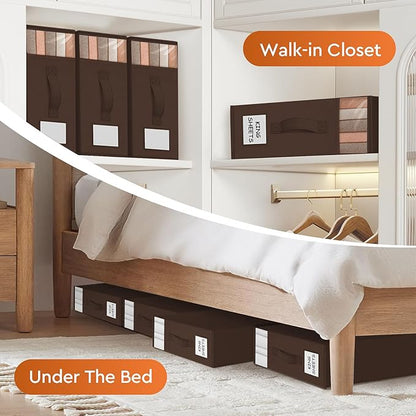 StorageTastic 4 Pack Bed Sheet Closet Organizers and Storage,Sturdy Foldable Storage Containers with Window and Label,Storage and Organization for Bedding Sheets,Duvet Covers,Blankets (Brown)