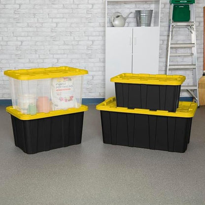 Sterilite 4-Pack 27 Gallon Industrial Storage Tote, Heavy-Duty Plastic Bins, Black/Yellow - Stackable Utility Organizers with Lids for Garage, Camping Tools, and Outdoor Gear