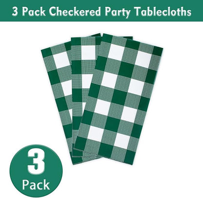 Kesfey 3 Packs Green and White Checkered Tablecloths 54 x 108 Inches Disposable Plastic Gingham Tablecovers Waterproof Rectangle Picnic Party Table Covers for Birthday Party Supplies Christmas