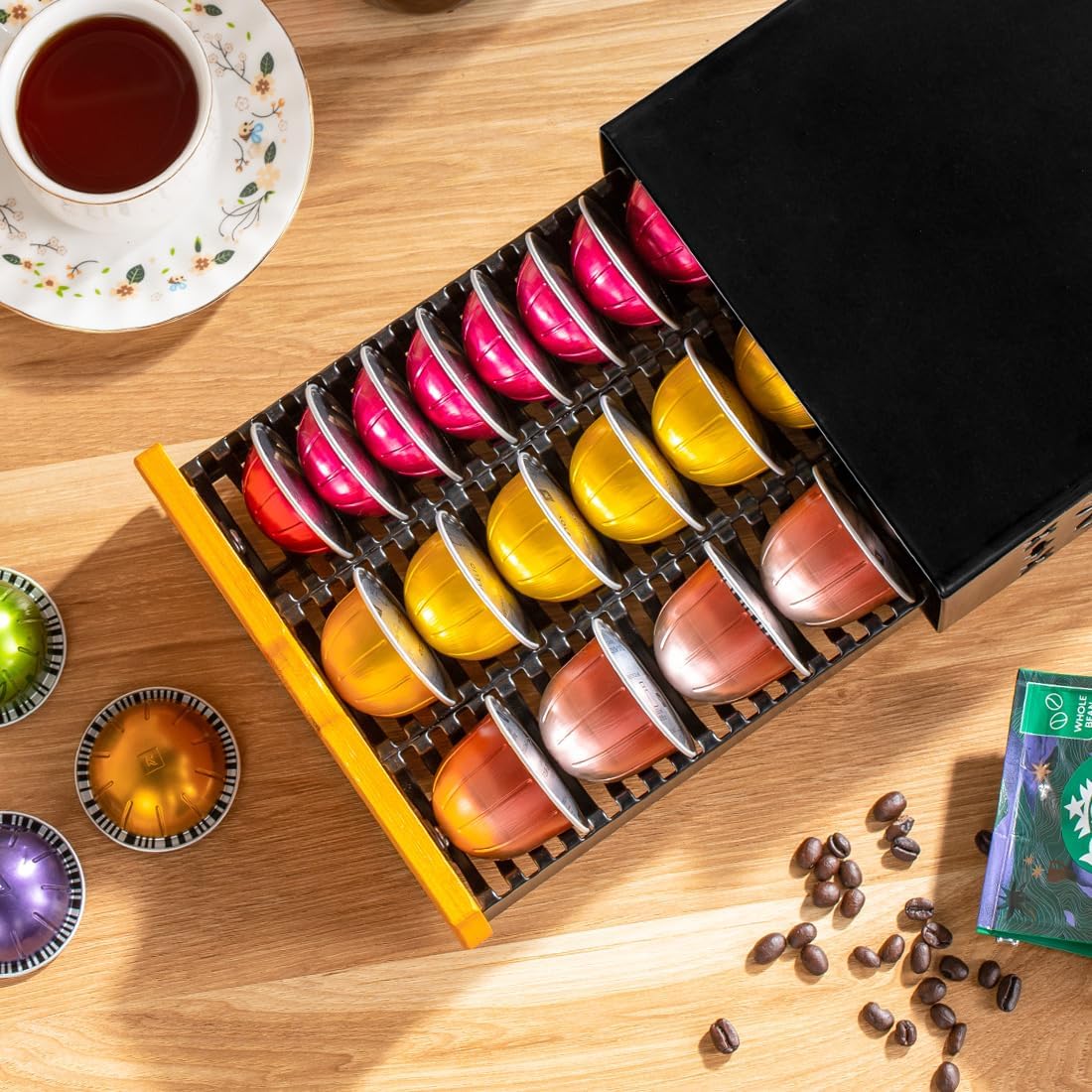 Flagship Coffee Pod Holder for Nespresso Vertuo Pod Organizer Fits All Vetuo Pods Black Metal With Wood Handle
