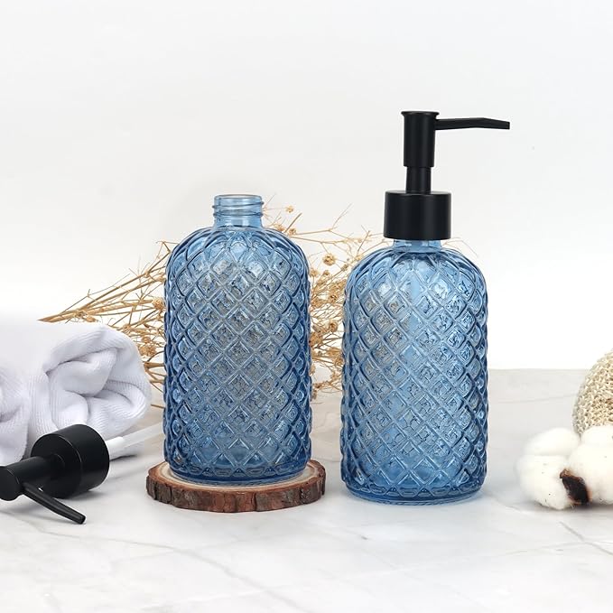 13.5Oz Gem Design Soap Dispenser with Plastic Pump, Refillable Glass Soap Dispenser for Hand Soap, Dish Soap, Lotion (Blue & Plastic Pump)